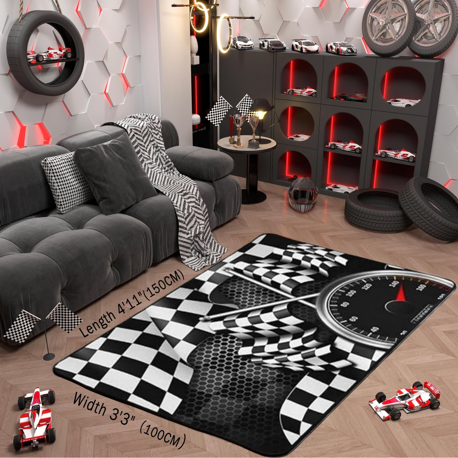 3×5 FT 100x150x1cm Black White Checkered Flag Racing Car Theme Area Floor Rug