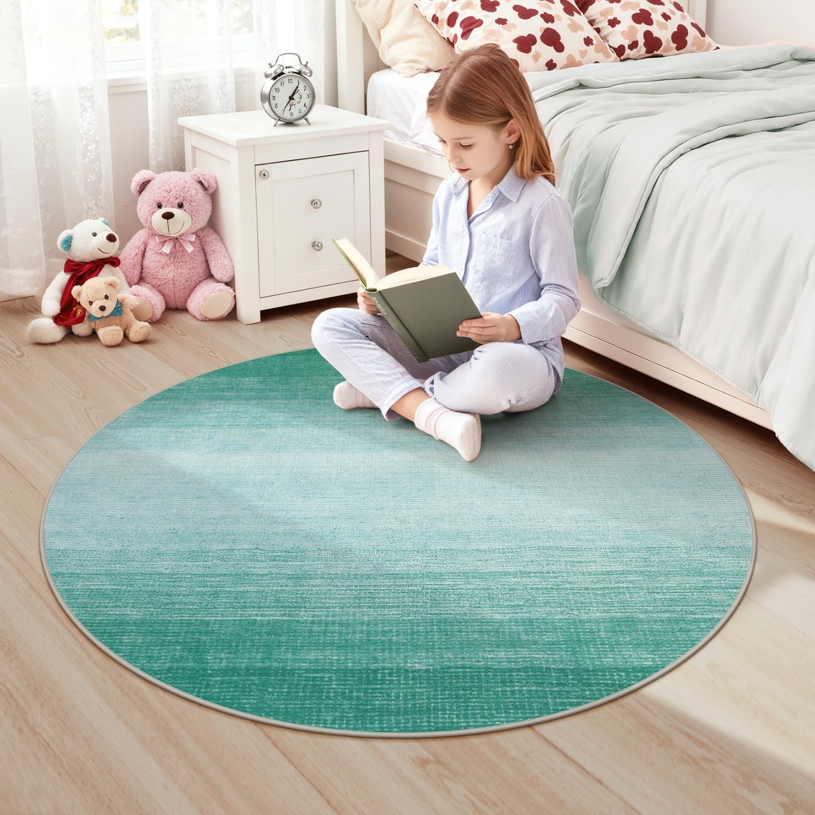 Wonnitar Modern Ombre Washable Round Rug 4Ft Non-Slip Teal Round Bathroom Throw
