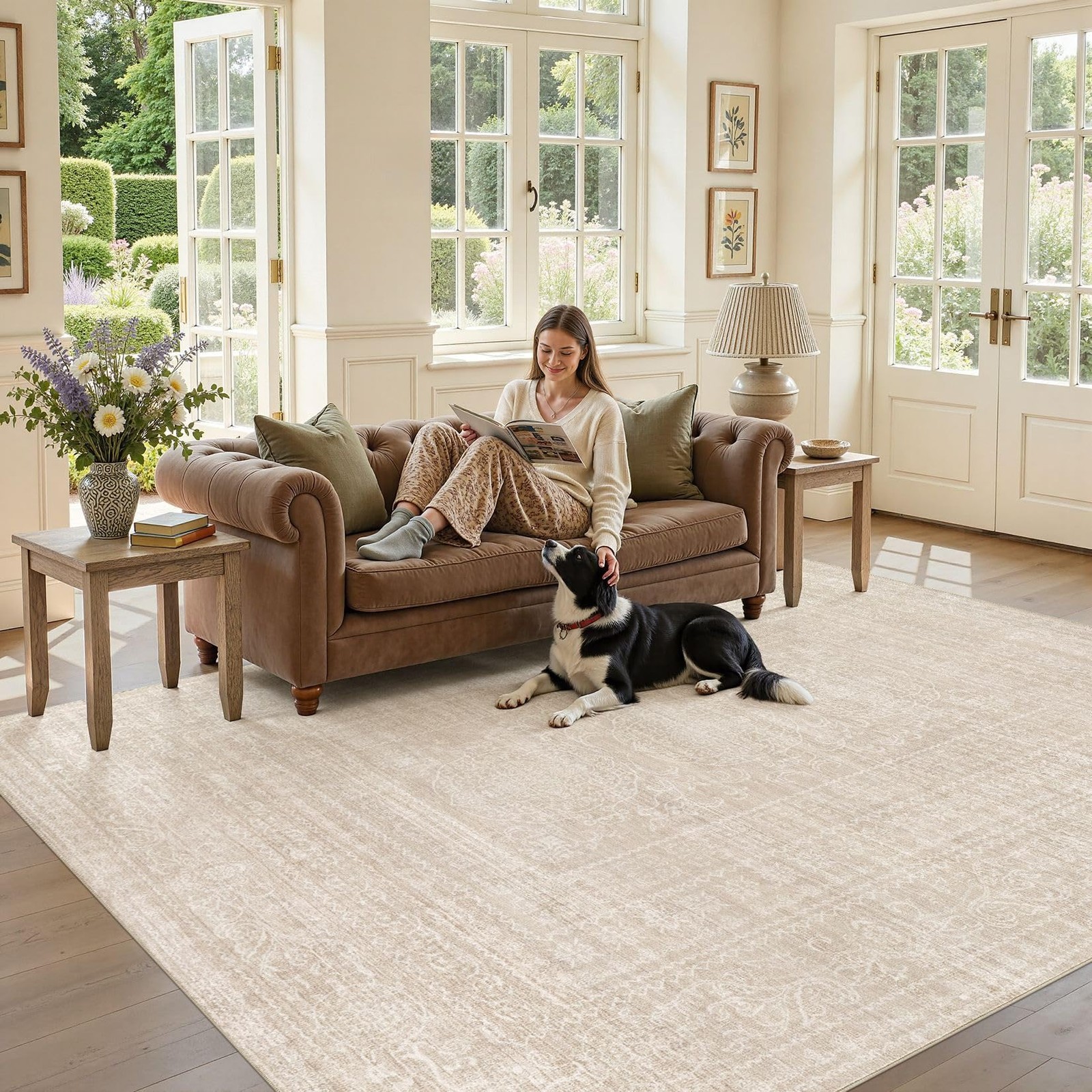 Area Rug 8×10 Washable Soft Non-Slip Vintage Beige – Stain Resistant Indoor