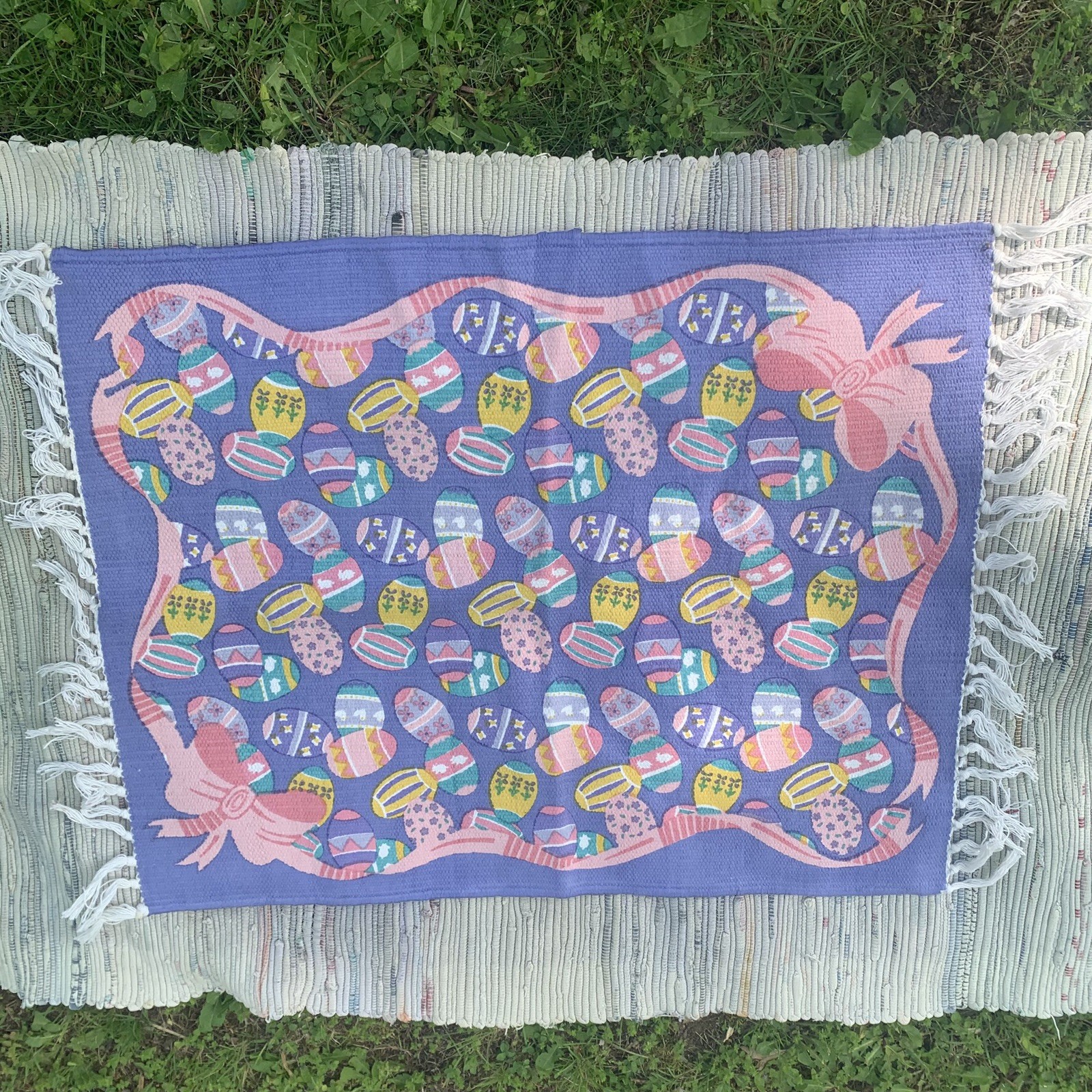 Vtg Easter Egg Rug 22×34″ Hand Made Woven India 100% Cotton 90s Hayim Bunny Euc