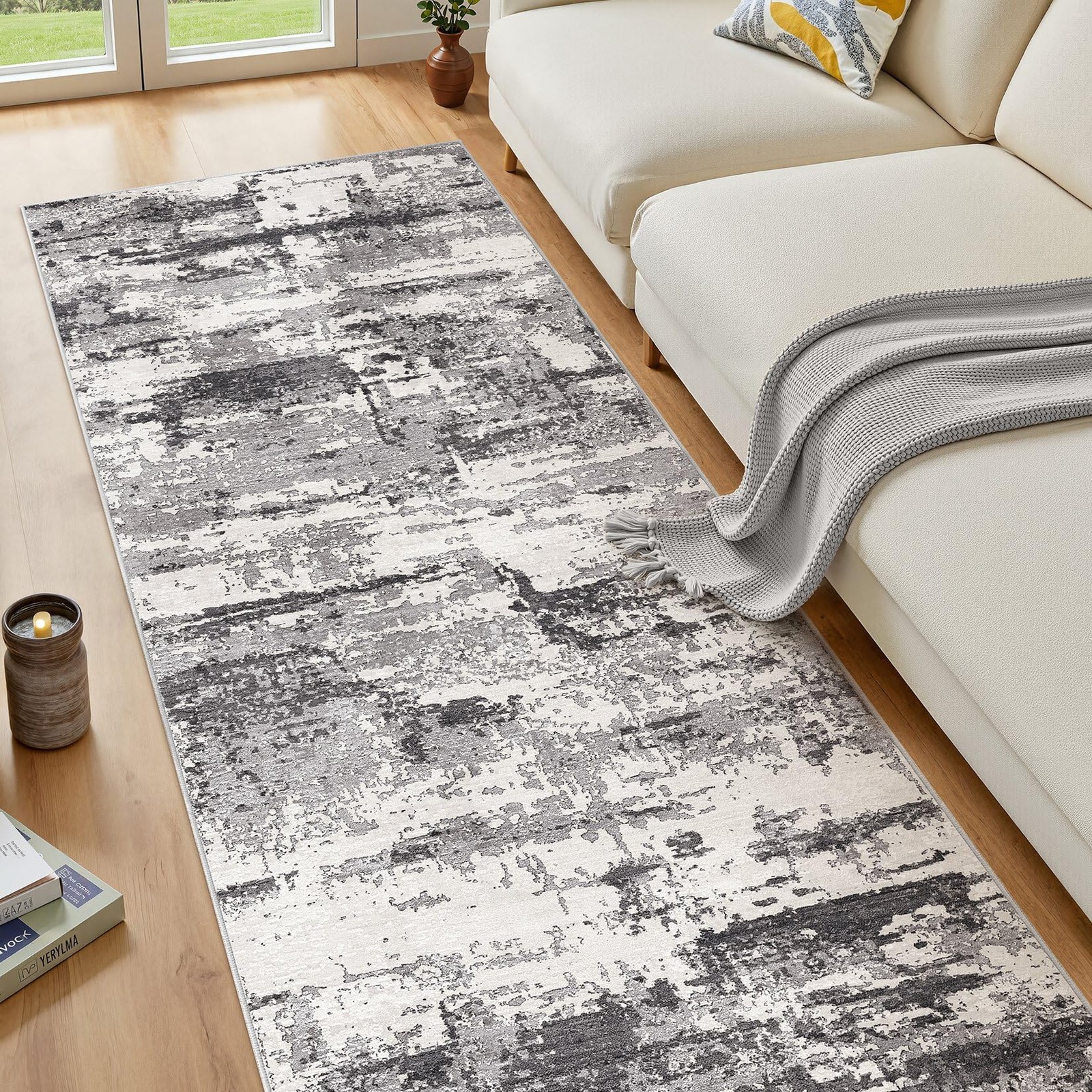 Hallway Washable Runner Rug: 3×8 Abstract Modern Soft Stain Resistant Non-Sli…