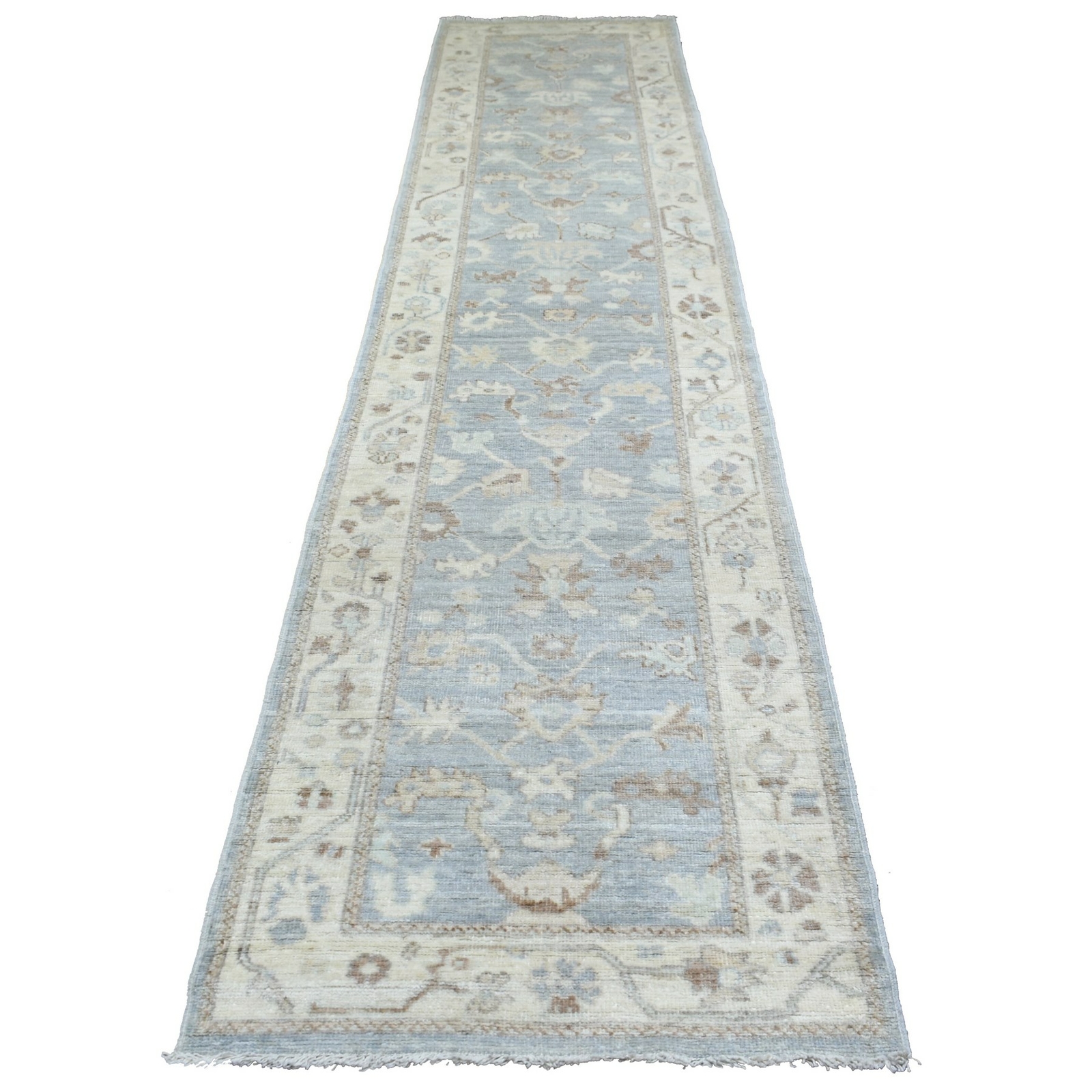 3′ x 13’7″ Gray Afghan Angora Ushak Pure Wool Hand Knotted Runner Rug R70188