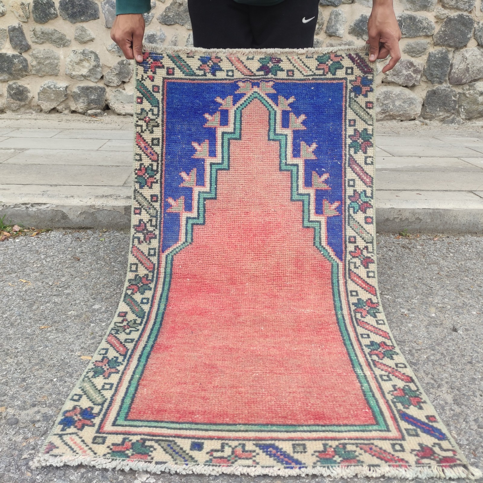 Vintage kitchen rug 2×4 mini runner rug 2.1 x 3.74 ft. prayer carpet 64 x 114 cm