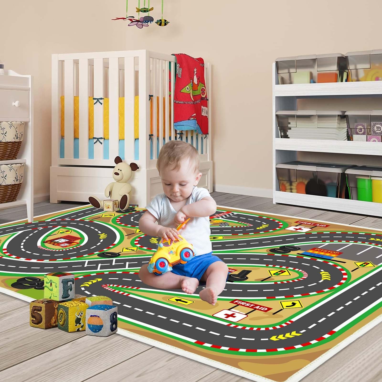 Kids Rug Race Track Play mat Playroom Car Rugs for 2.6×3.9ft, Race-green