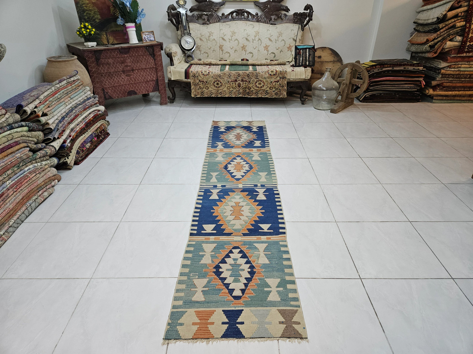 Blue Turkish Kilim Runner Rug, Vintage Hallway Carpet (2×8.7 ft)