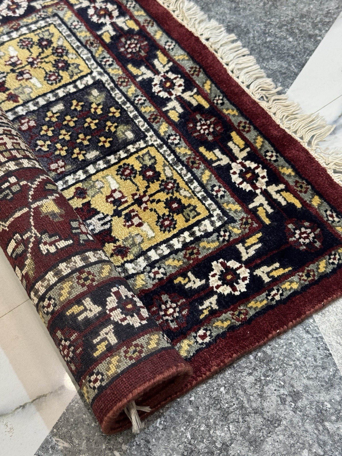Hand knotted wine red wool art silk rug: 2x3ft Mughal garden tree design