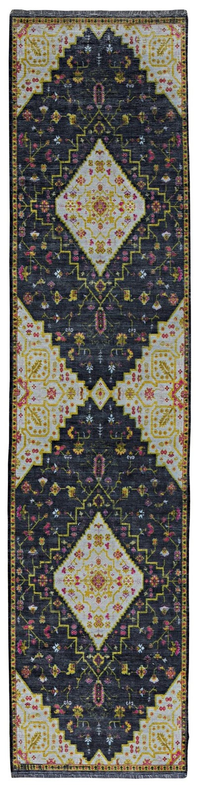 Linon Logan Gazia Polyester 2′ X 10′ Runner Rug in Black and Ivory