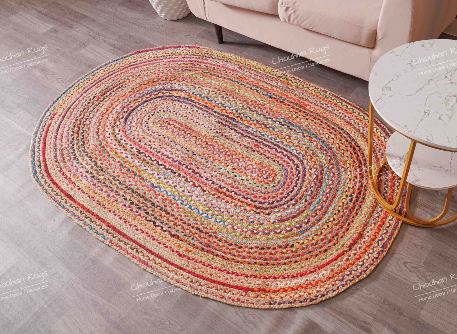 Hand Braided Chindi Jute Rug Oval Shape Reversible Boho Floor Mat Carpet