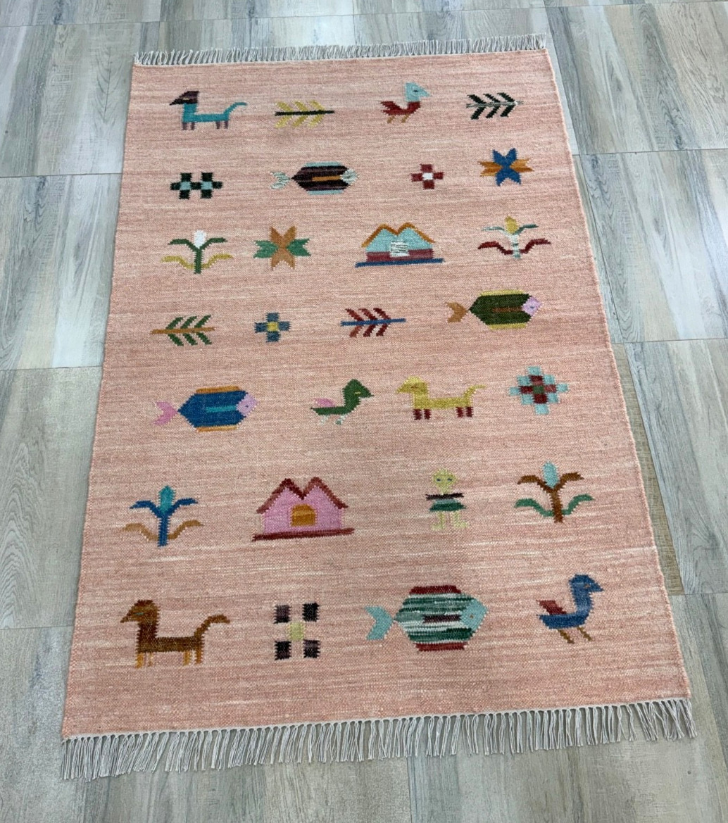 Hand Woven Wool Rug 4 x 6 Peach Flatweave Scandinavian Folk Art Kilim for Kids