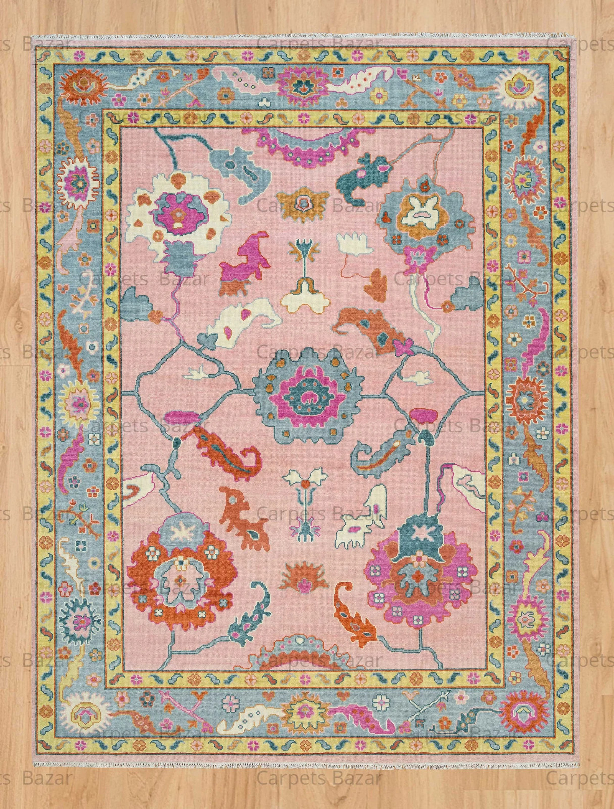 Blush Oushak Area Rug | Hand Knotted Wool Rug | Geometrical Turkish Rugs #26