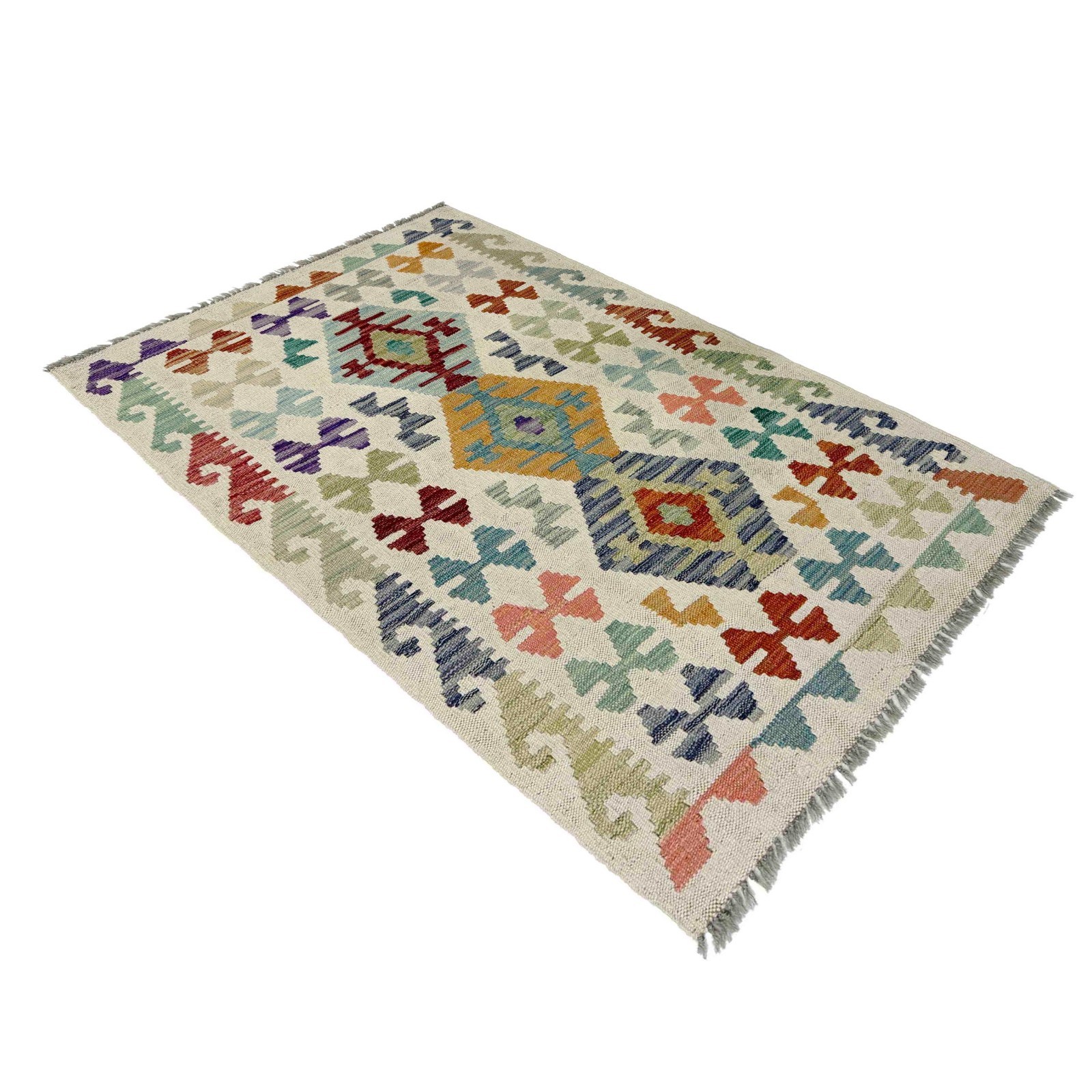 New Afghan Handmade White Rugs Kilim Flat Woolen Tribal Carpet 2.6×4.0 Ft R38338