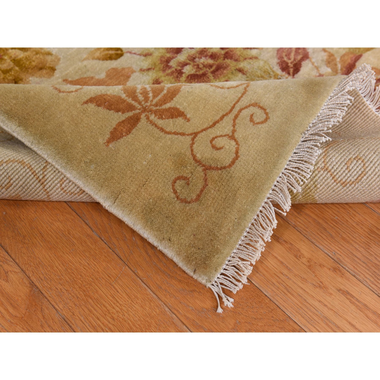 8’10″x11’8″ Brown Antique Art Deco Leaf Design Pure Wool Hand Knotted Rug R78369