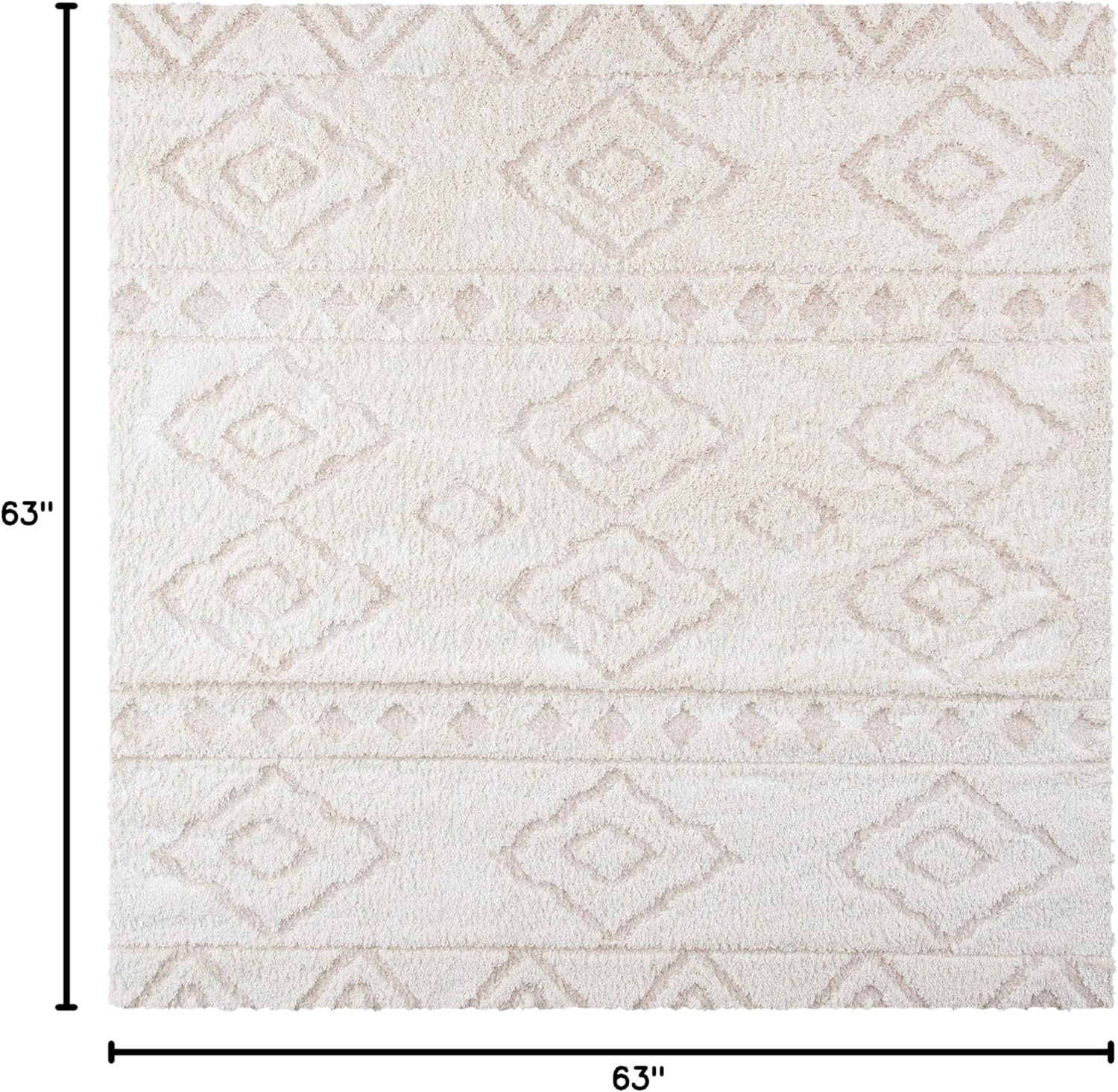 Sparta Shag Area Rug 5’3″ Square, Ivory Beige, Boho Design, Easy Care