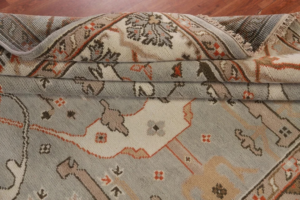 Hand Knotted Oushak Rug Wool Area Rug Muted Gray Blue Cream Rust 8×10 9×12