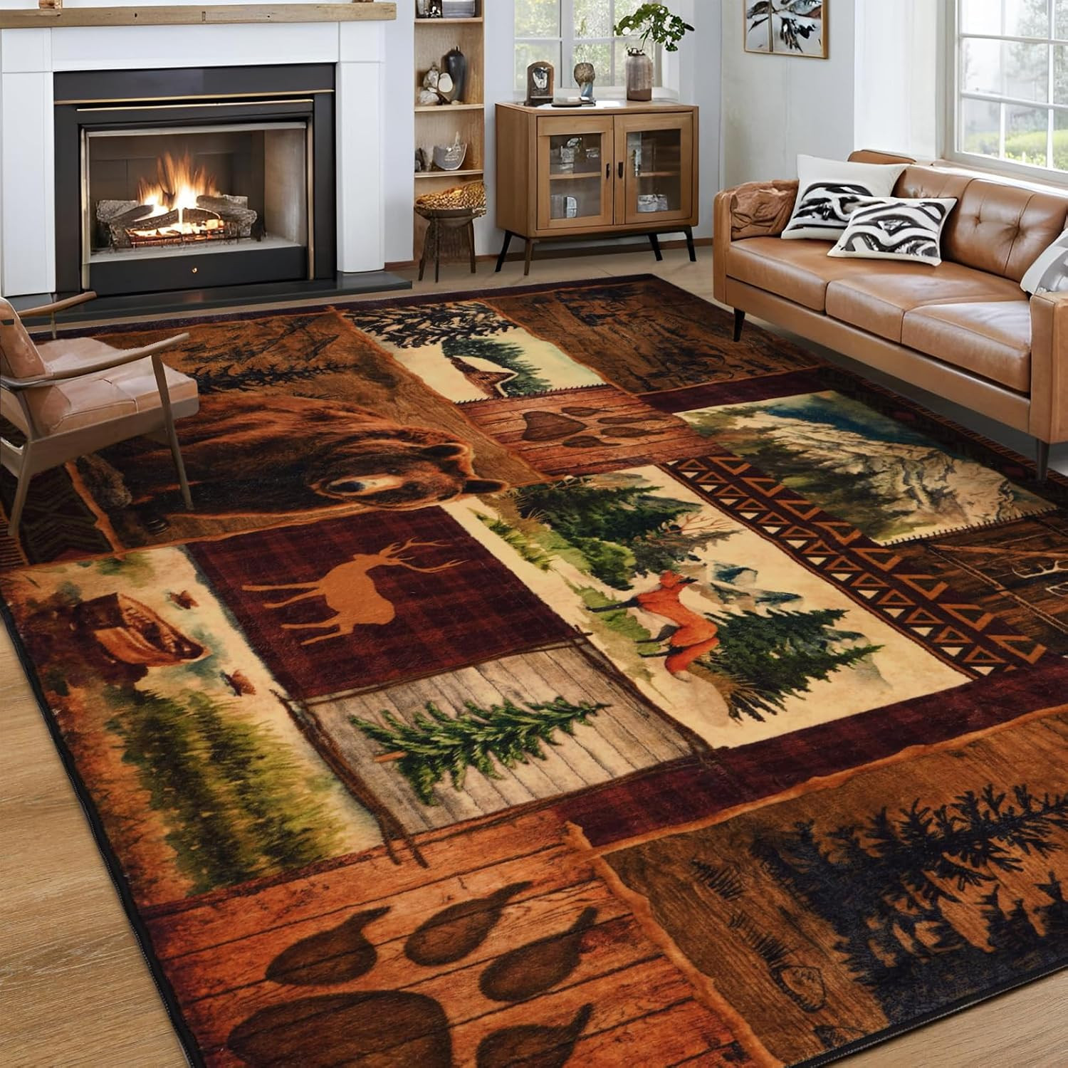 Farmhouse 6X9 Area Rugs, Buffalo Plaid Lodge Bear Moose Deer Rugs for Living Roo