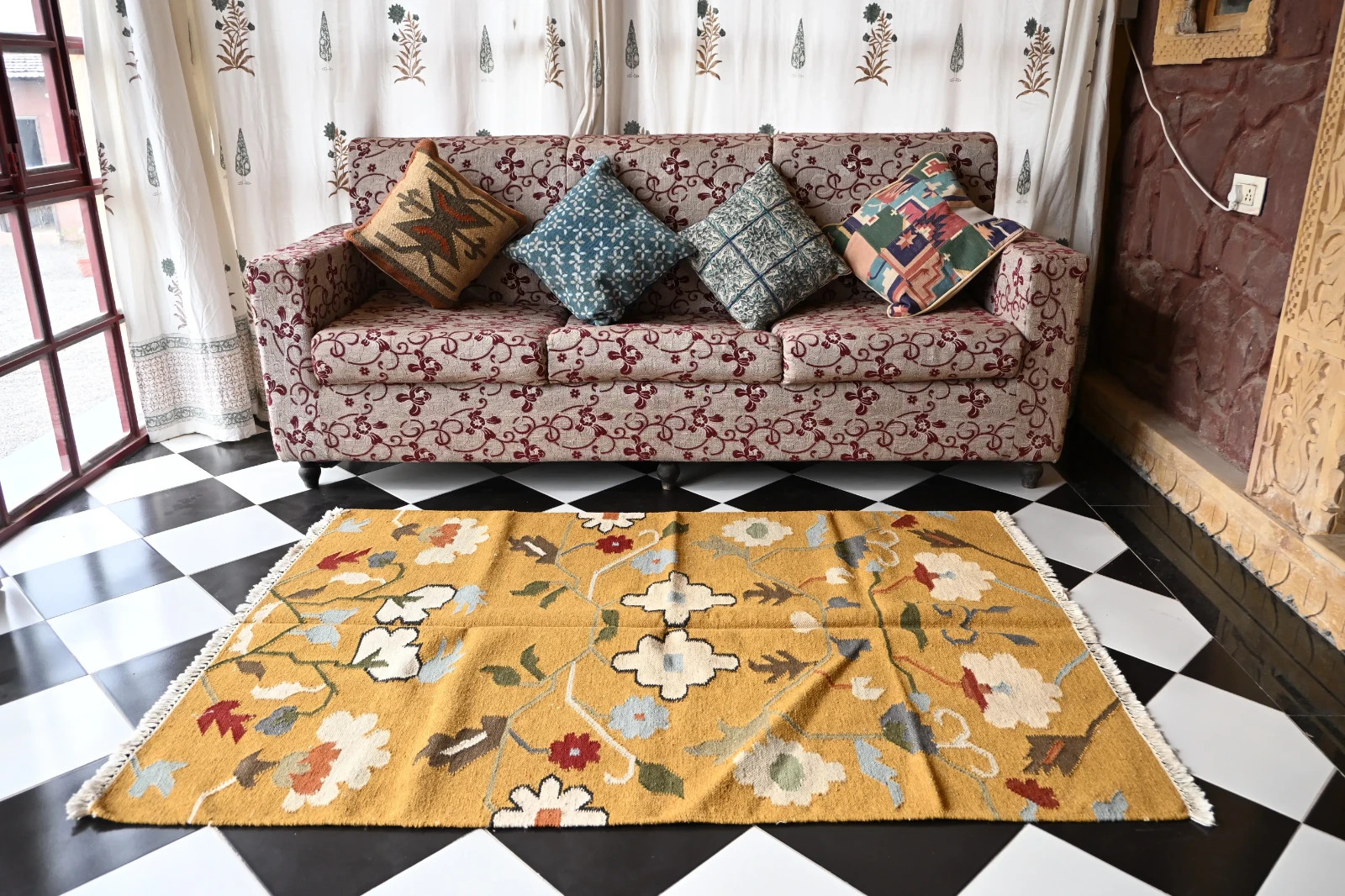 Rugmoda 4×6 Wool Rug Yellow Floral Handmade Flatweave Durry for Living Room
