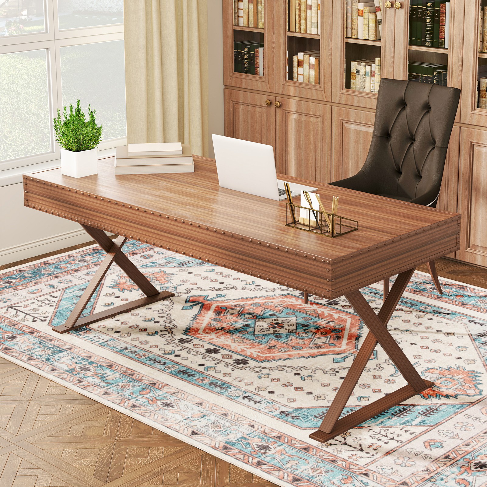HOMCOM 5×7 Vintage Area Rug, Washable Carpet for Bedroom, Brown Blue,Used