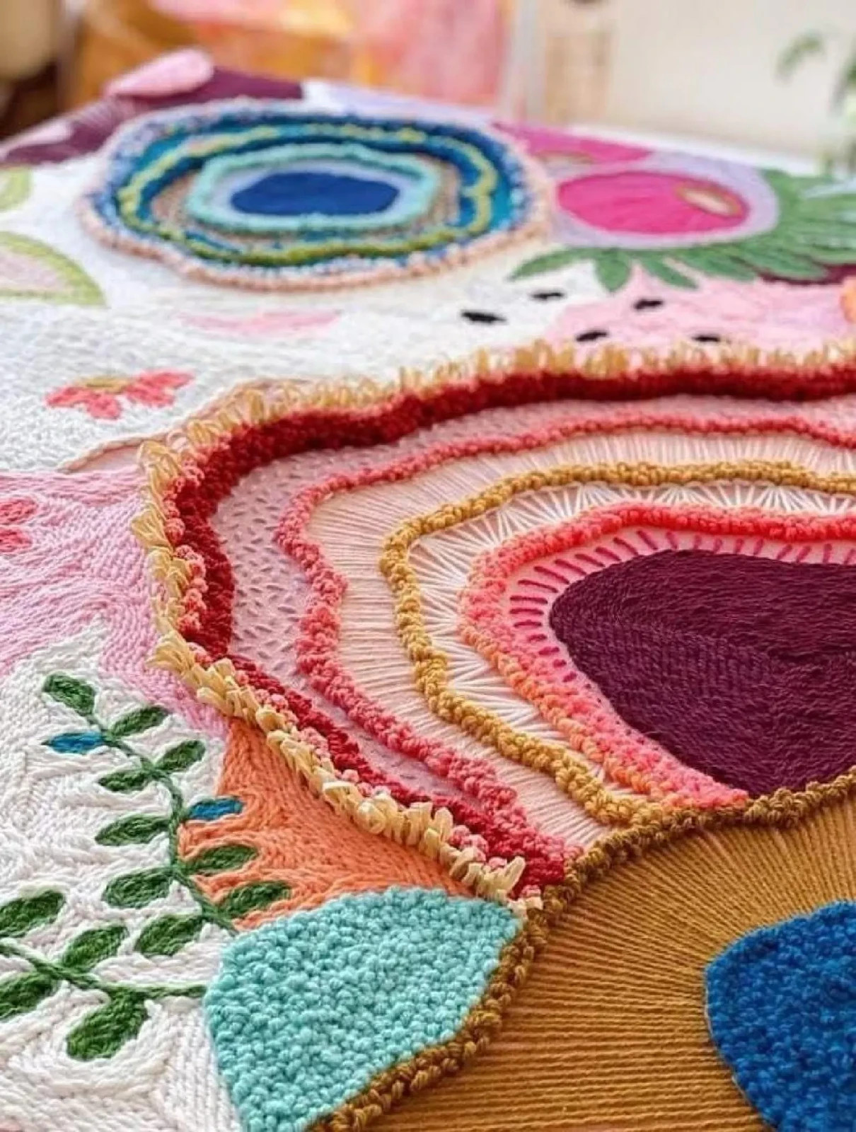 Hand Tufted Rug Wool Wall Rug: Colorful Modern Floral Textile Art Decor