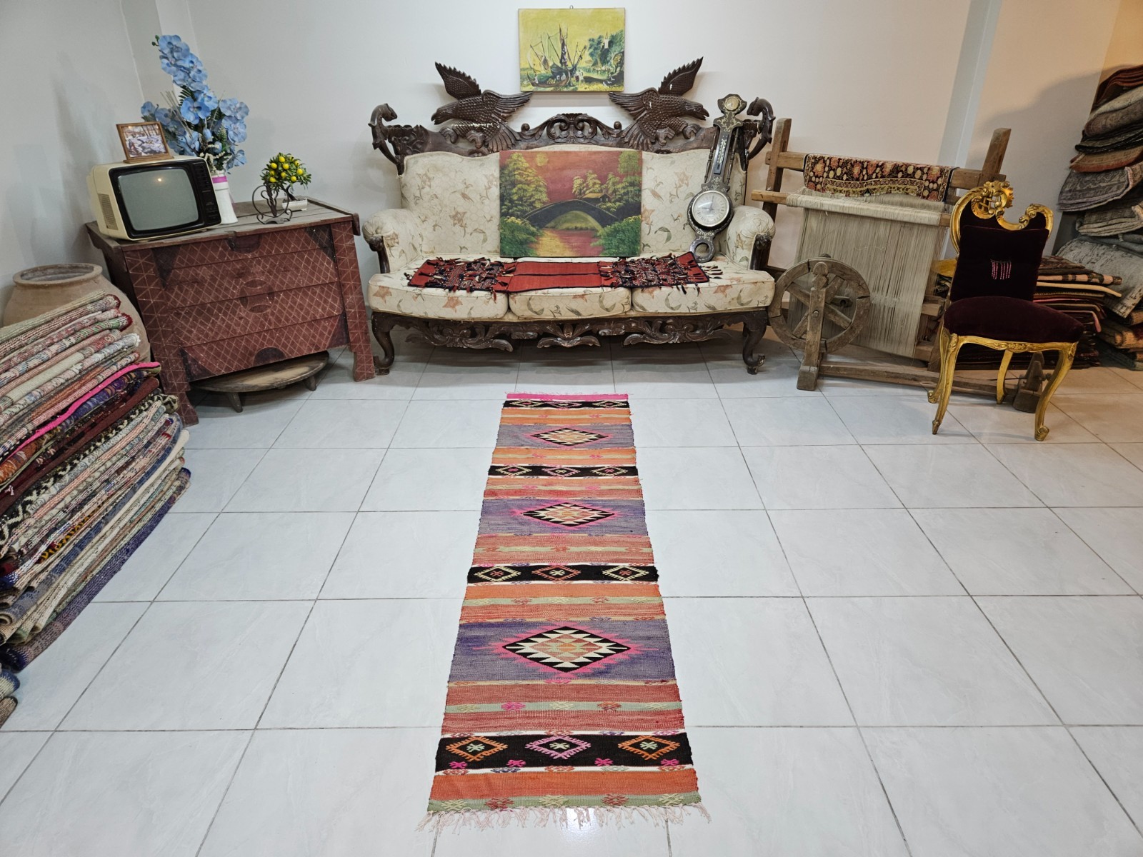 1.8 x 6.8 ft Turkish Kilim Runner Rug w Tribal Diamond Medallions, Old Carpet