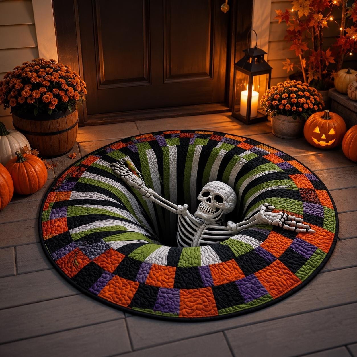 3D Skeleton Halloween Rug, Round Spooky Area Rug, Optical Illusion Floor Mat