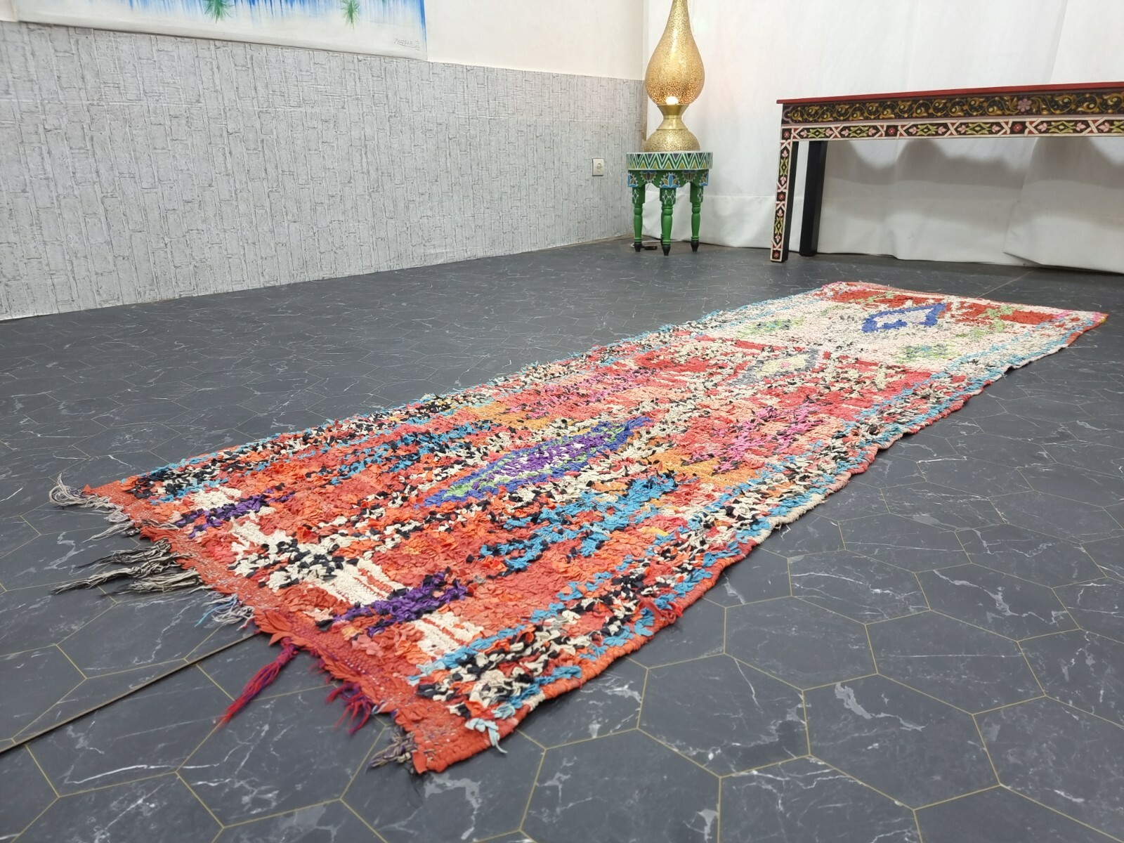 Moroccan Handmade Vintage Boucherouite Rug 2’7″x8′ Berber Geometric Blue Carpet