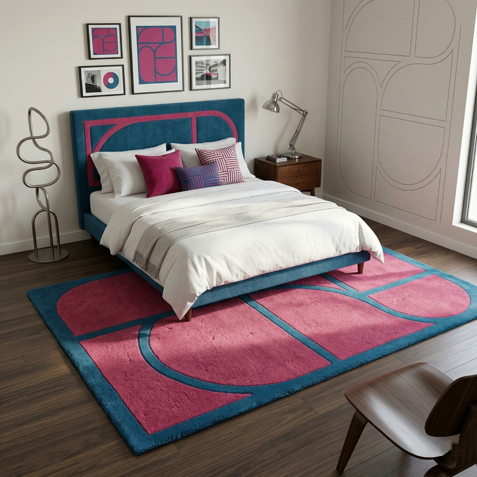 Hand Tufted Pink Teal Rug Modern Abstract Bold Geometric Arch Wool Rug Handmade
