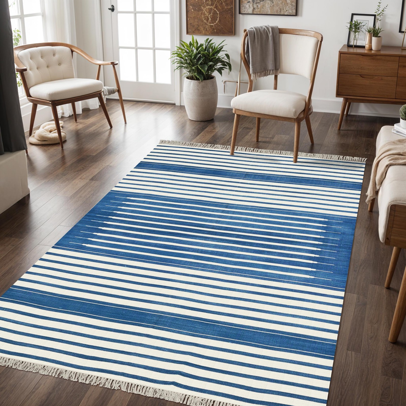 Handwoven Pitloom Cotton Rug 4×6 Blue White Striped Reversible Indian Dhurrie