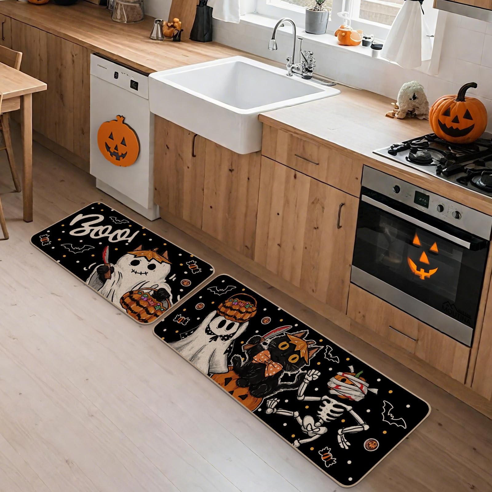 Boo Black Cat Skeleton Pumpkin Kitchen Rugs Set of 2 17×29&17×47 Inch,