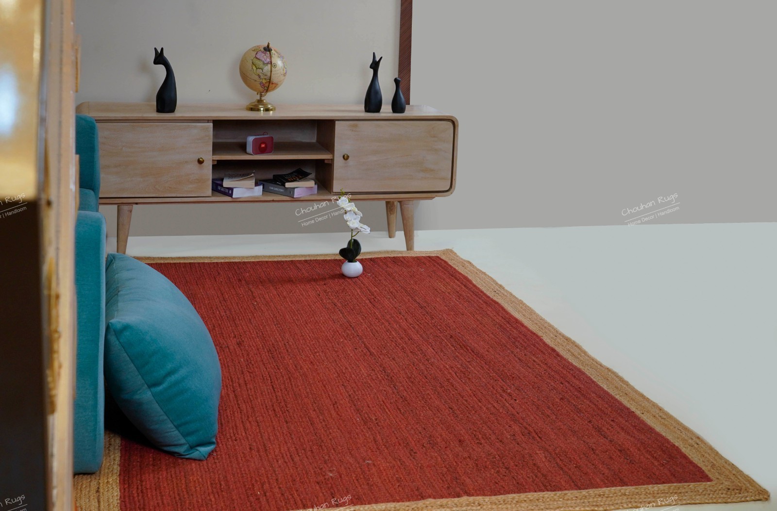 Traditional handmade jute rug solid red with beige border Area Rugs for home