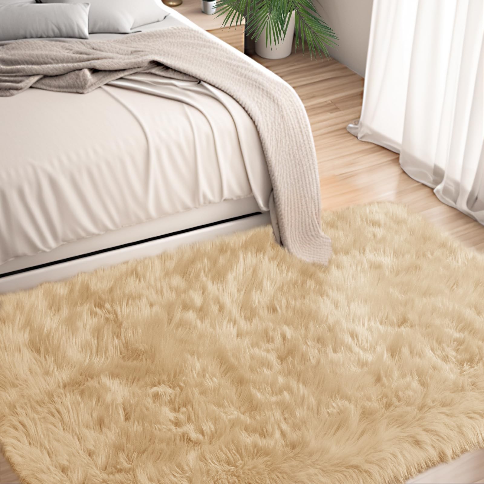 Ciicool Beige Fur Fluffy Rug 2X4 Ft Small Faux Fur Rugs For Bedroom Washable