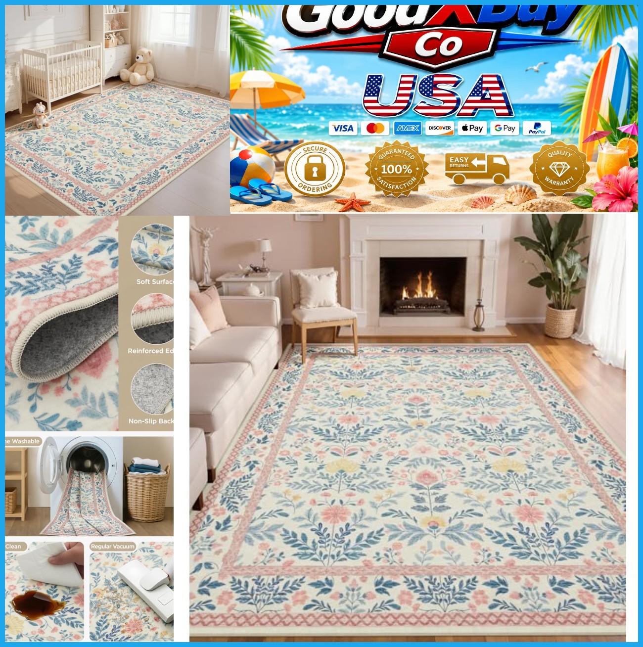 NEW Boho Floral Light Pink 6×9 Area Rug Washable Non Slip Soft Bedroom Living