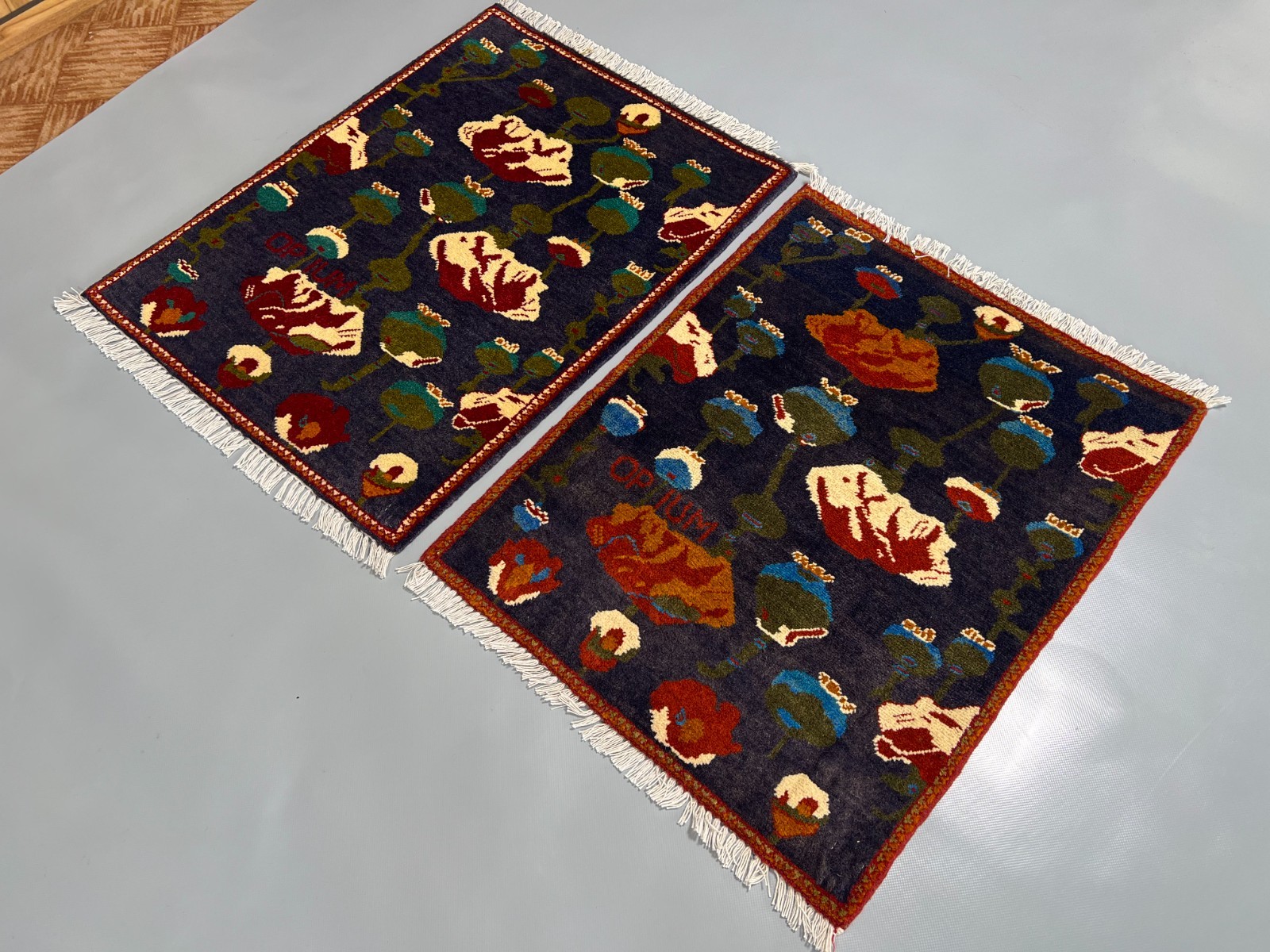 2×2 Set of 2 Afghan Opium Poppy Rugs Handmade Wool Floral Tribal Accent Carpets