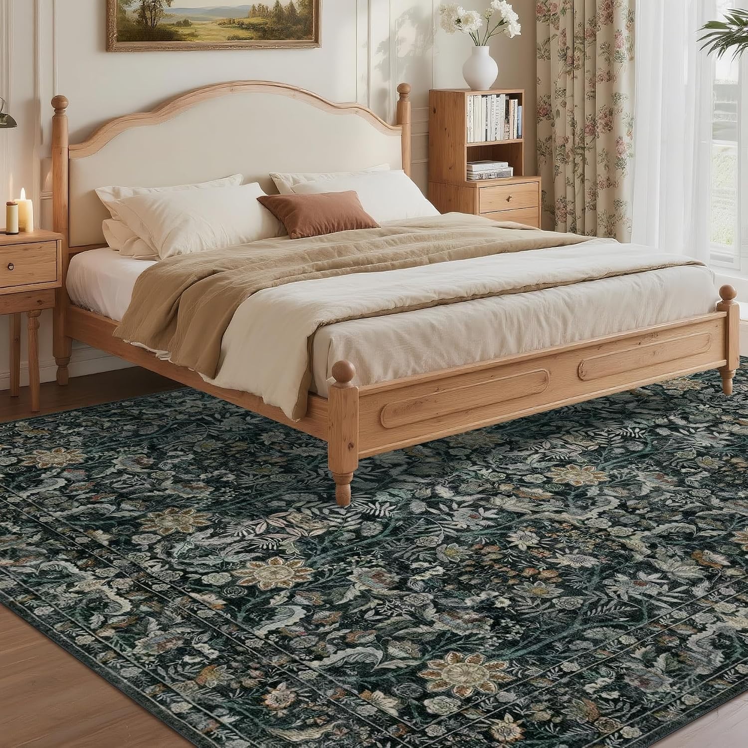 Vintage Floral Area Rug 9×12: Soft Washable Green Carpet Living Room | Oriental