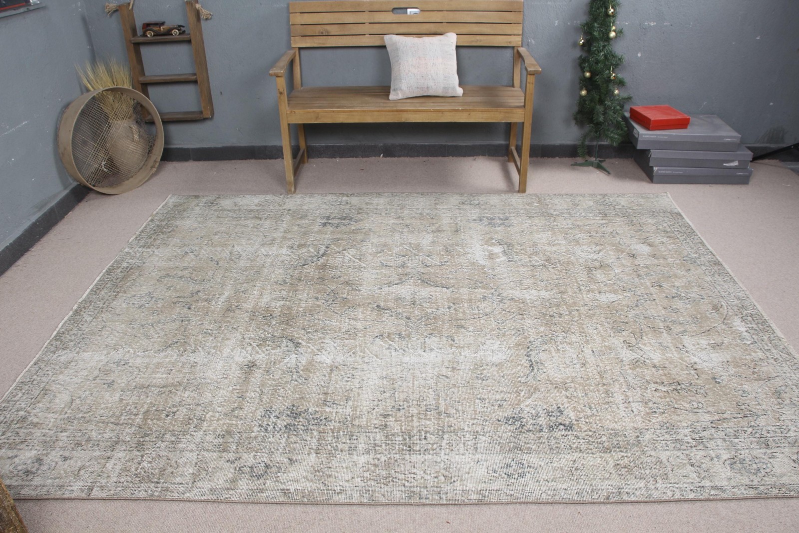 6,5×8,6 ft Rug, Vintage Turkish Large Rug, Gray Wool Rug
