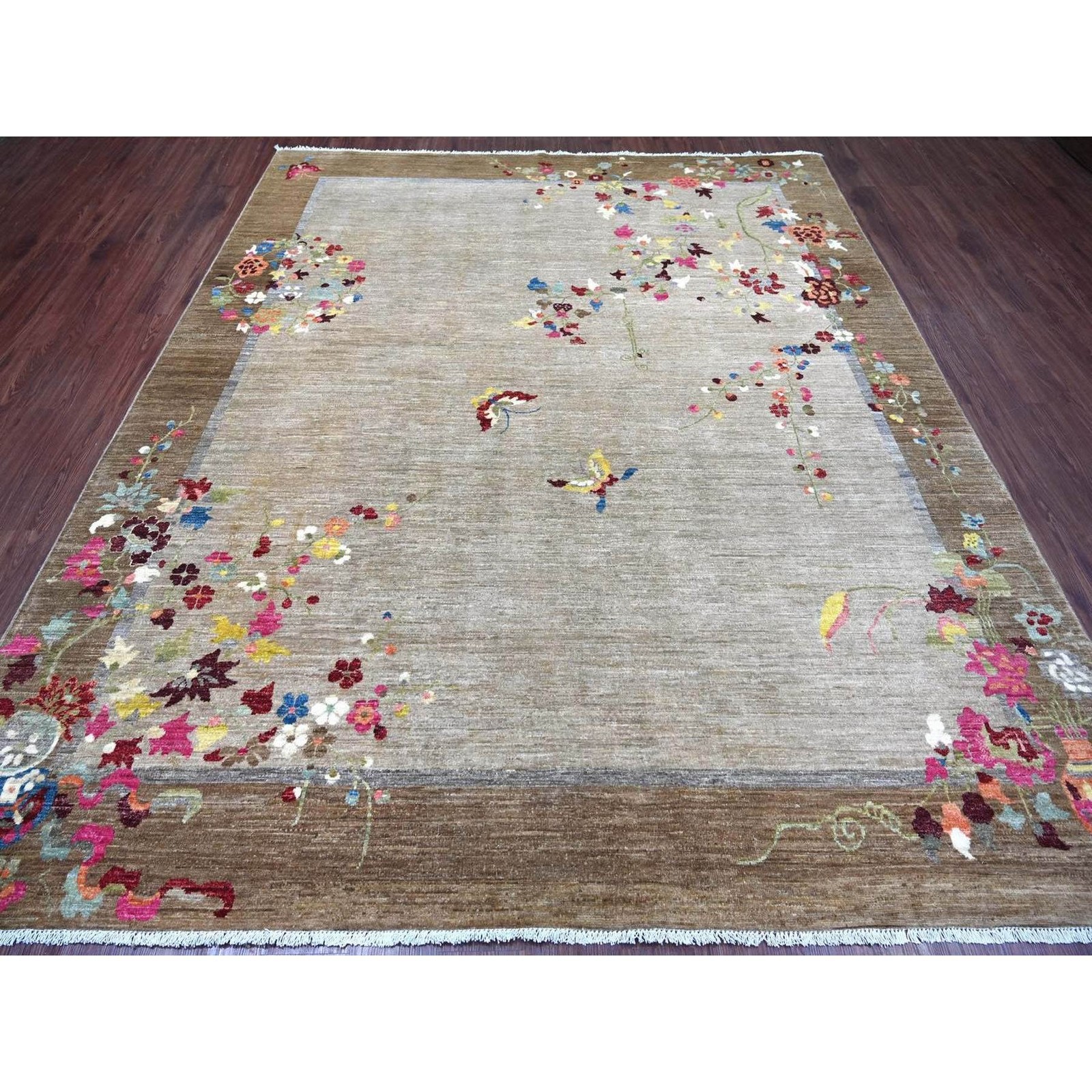 8’2″x9’10” Brown Chinese Art Deco Inspired Peshawar Hand Knotted Wool Rug 22962