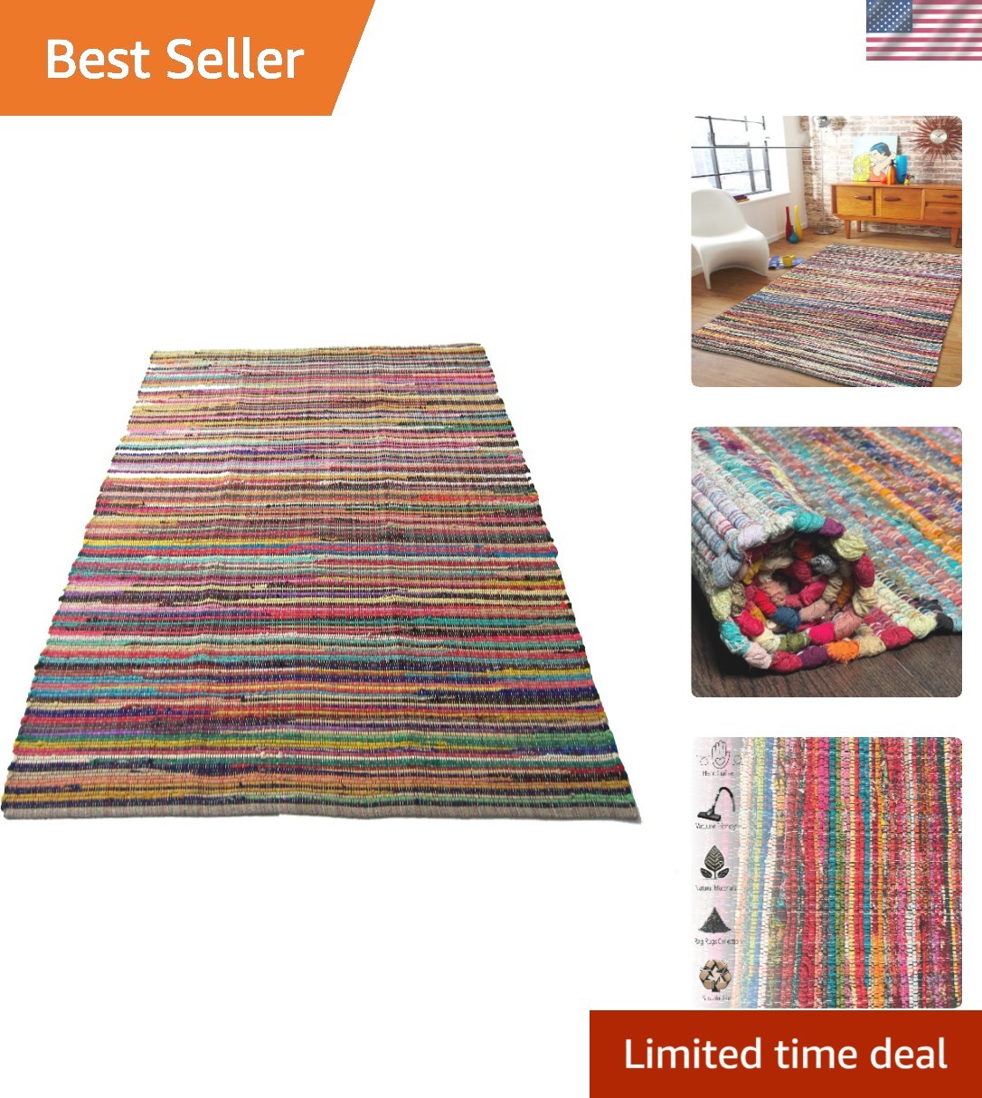 Handmade 5’x7′ Colorful Chindi Rug for Sustainable Living – Spot Clean Only