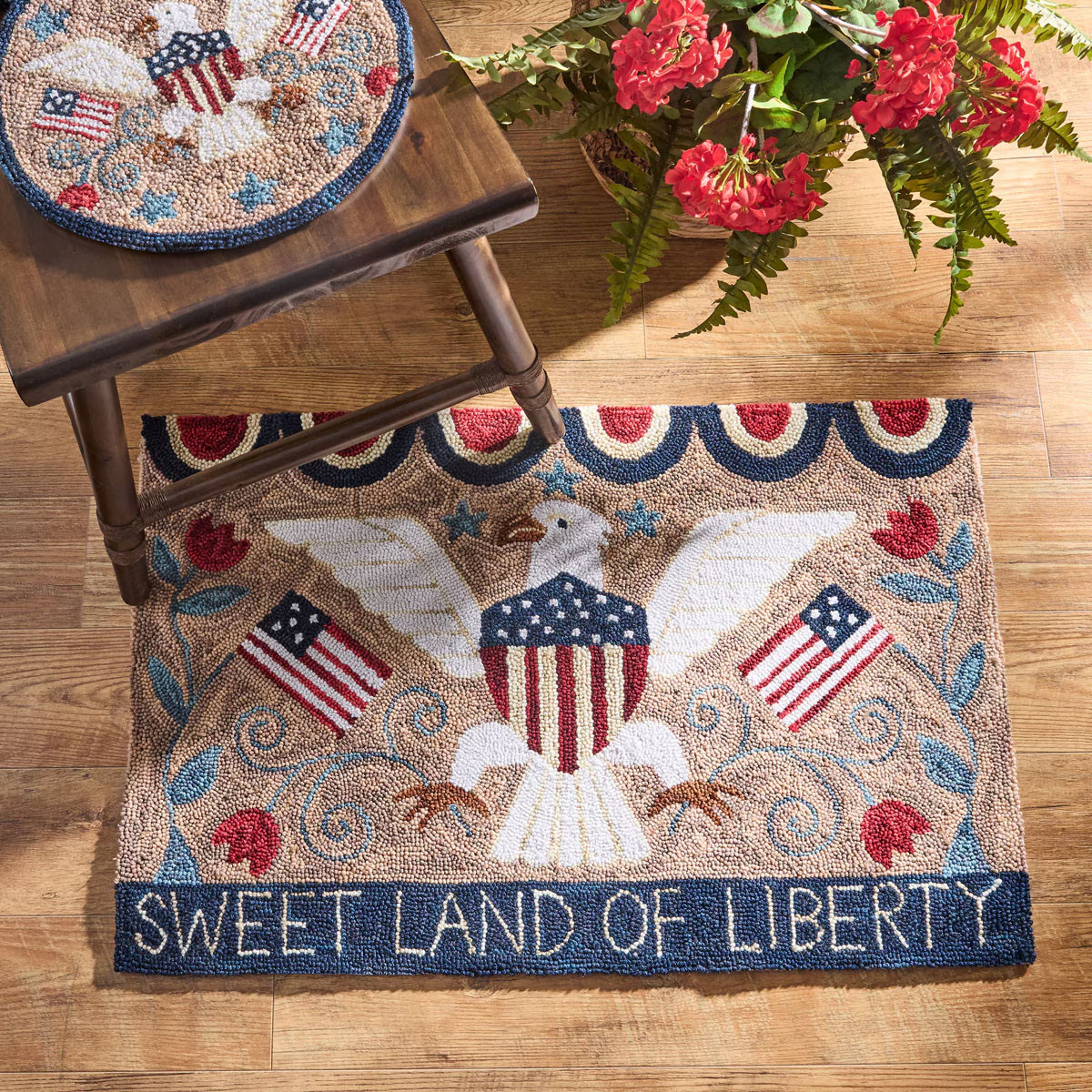 Patriotic Hooked Rug Primitive Farmhouse Country Sweet Land of Liberty 2 x 3 ft