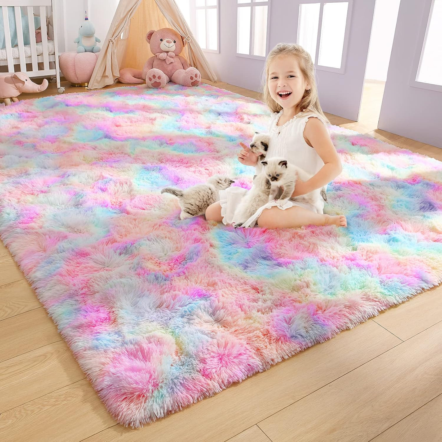 Soft Rainbow Area Rug, Fluffy Pink Girls Bedroom Rug, 3X5 Feet | Plush Fluffy Ru