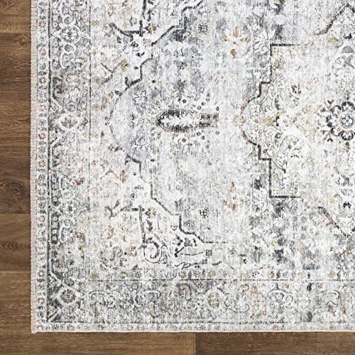 Caria Washable Non-Slip 3×5 Rug – Ivory/Gray/Caramel Traditional Area Rug for