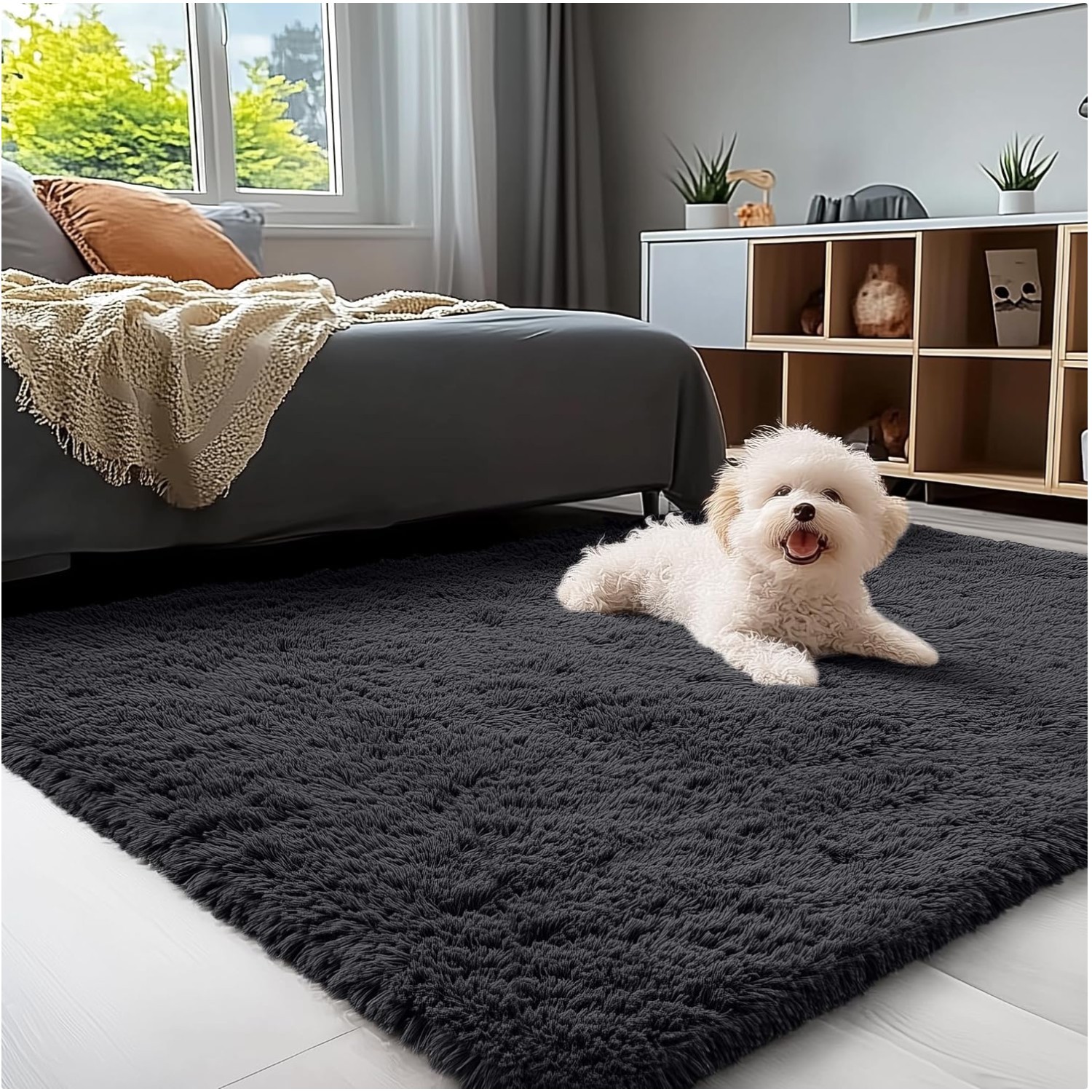 3×4 Ft Fluffy Black Area Rug – Machine Washable, Perfect for Living Rooms