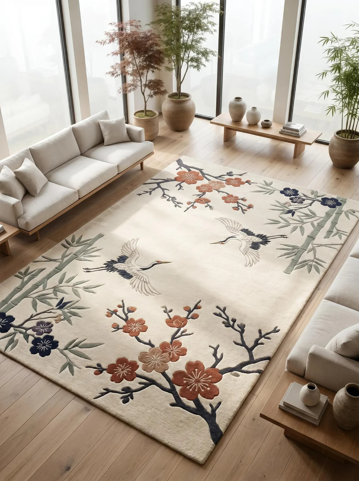 Japanese Crane Rug Hand Tufted Wool Area Rug Neutral Beige Bamboo Floral Rug