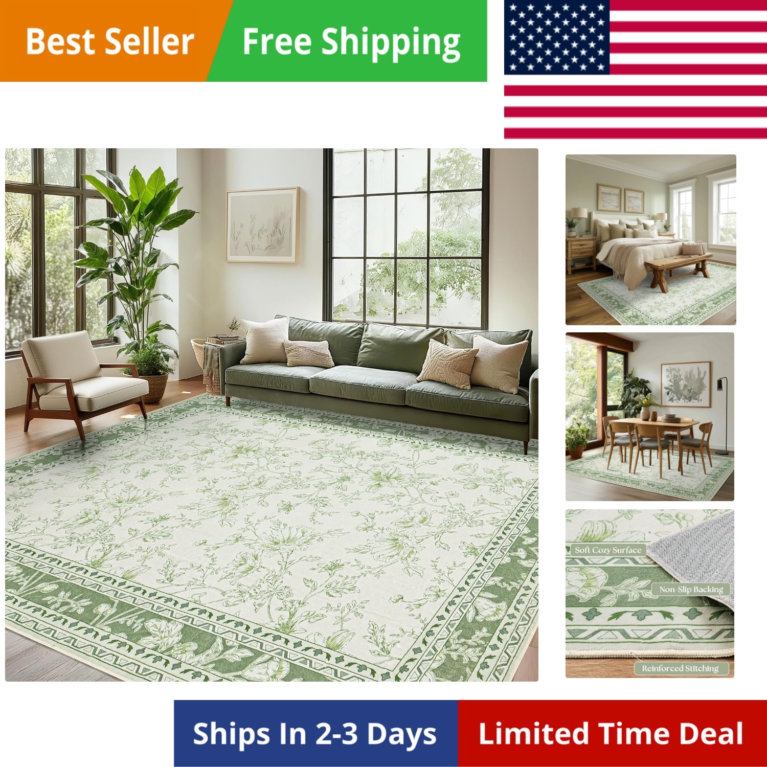 Sage Green Floral 5×7 Area Rug Vintage Boho Washable Printed Rug for Living R…