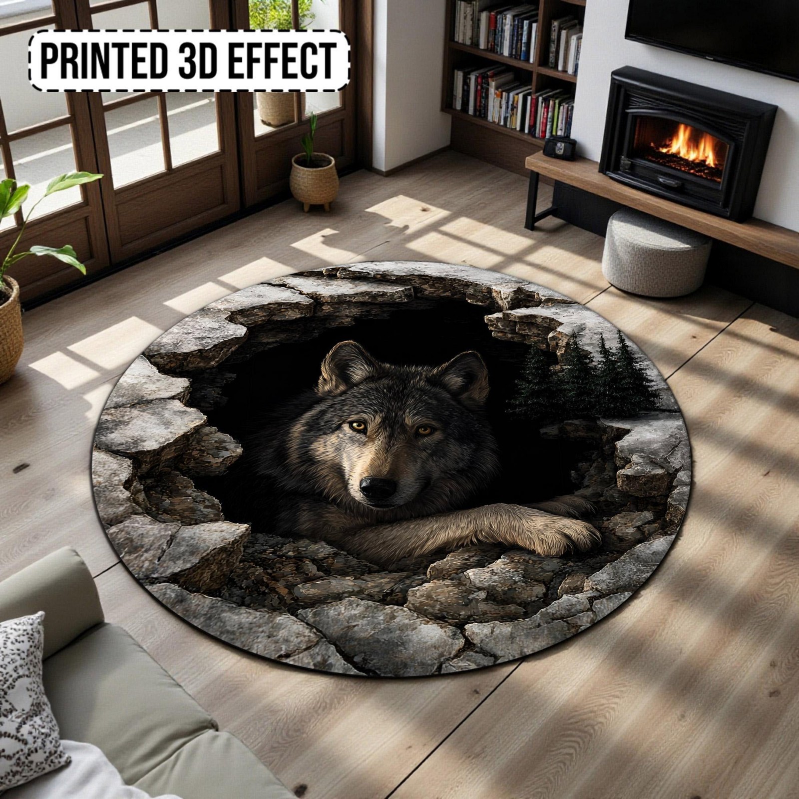 Wild Wolf 3D Printed Round Rug Forest Animal Carpet Rustic Lodge Cabin Decor Gif
