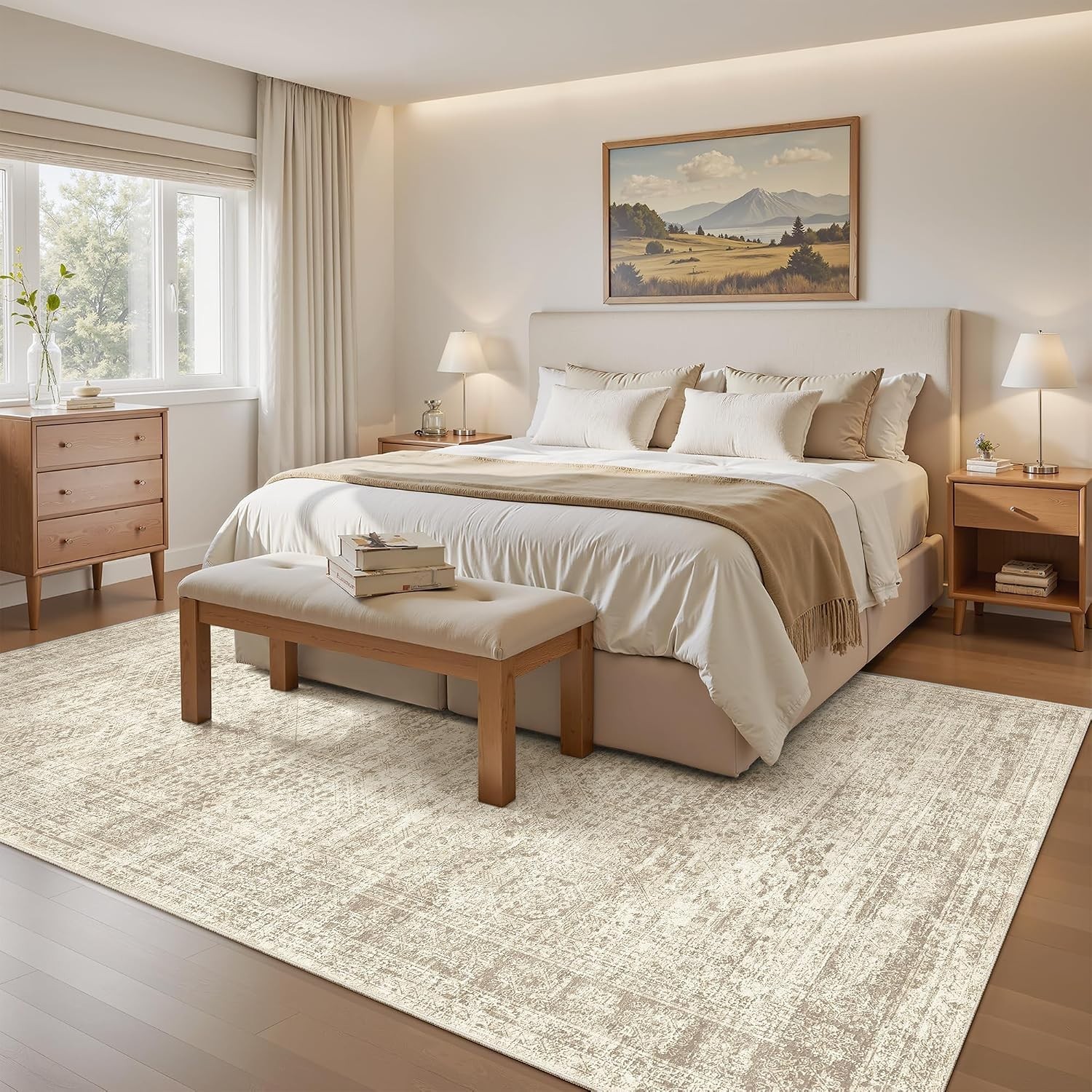 Pet-Friendly 5×7 Low Pile Area Rug – Elegant Beige Geometric Design
