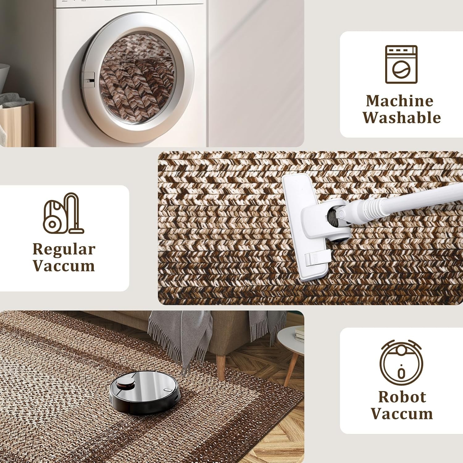 Stylish 5×7 Brown Braided Print Rug – Machine Washable, Pet-Friendly Design