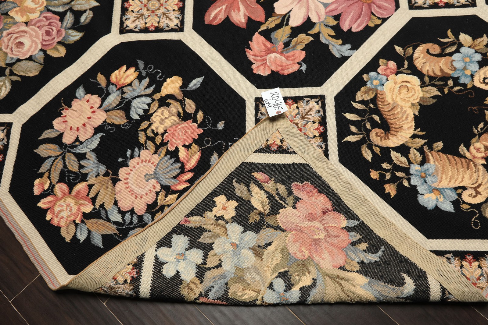6×9 Hand Woven Wool Black French Aubusson Needlepoint Octagonal Panel Design Rug