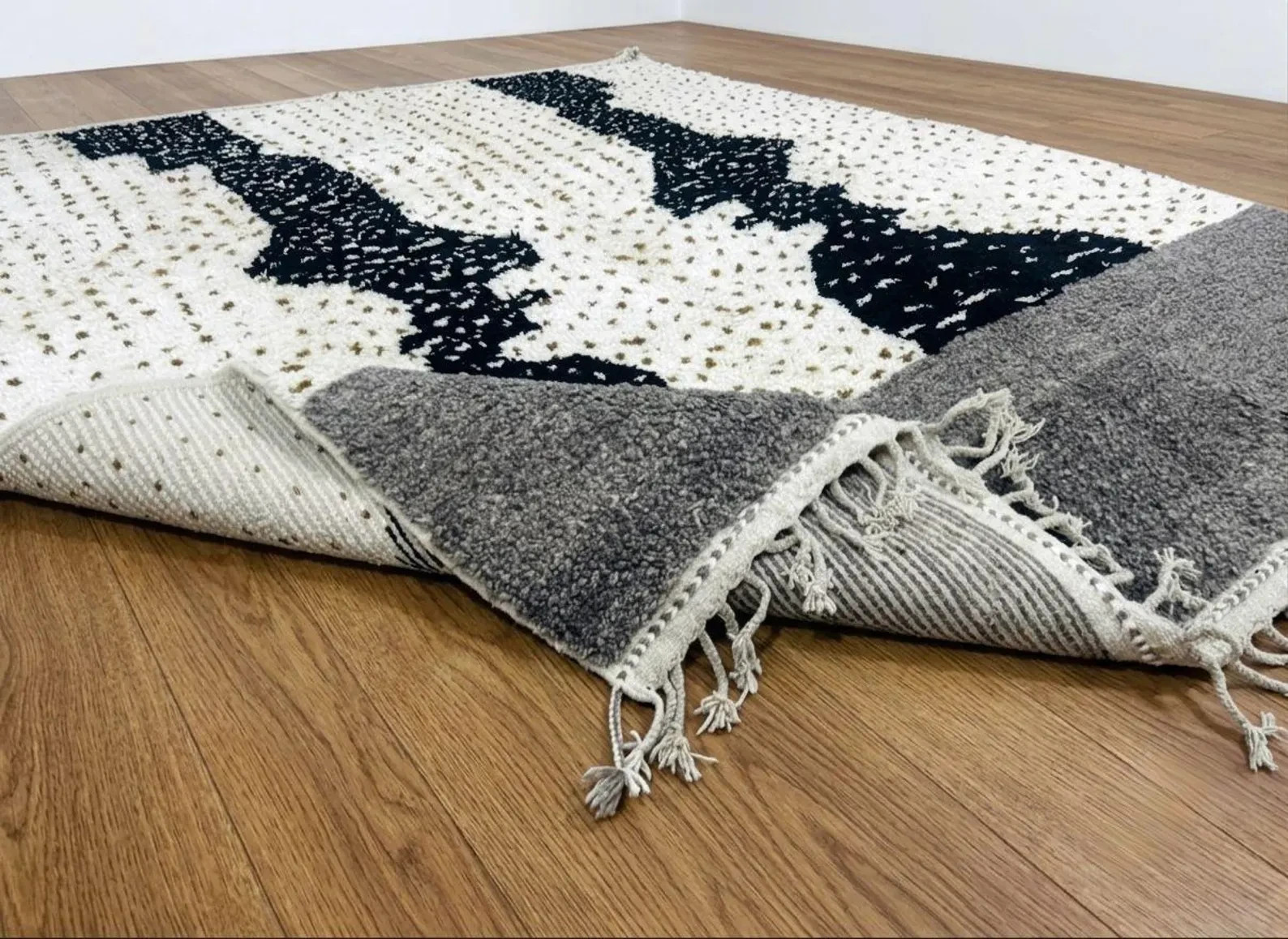 Handmade Beni Ouraina Rug Moroccan Berber Wool Carpet Black Ivory Tribal Design