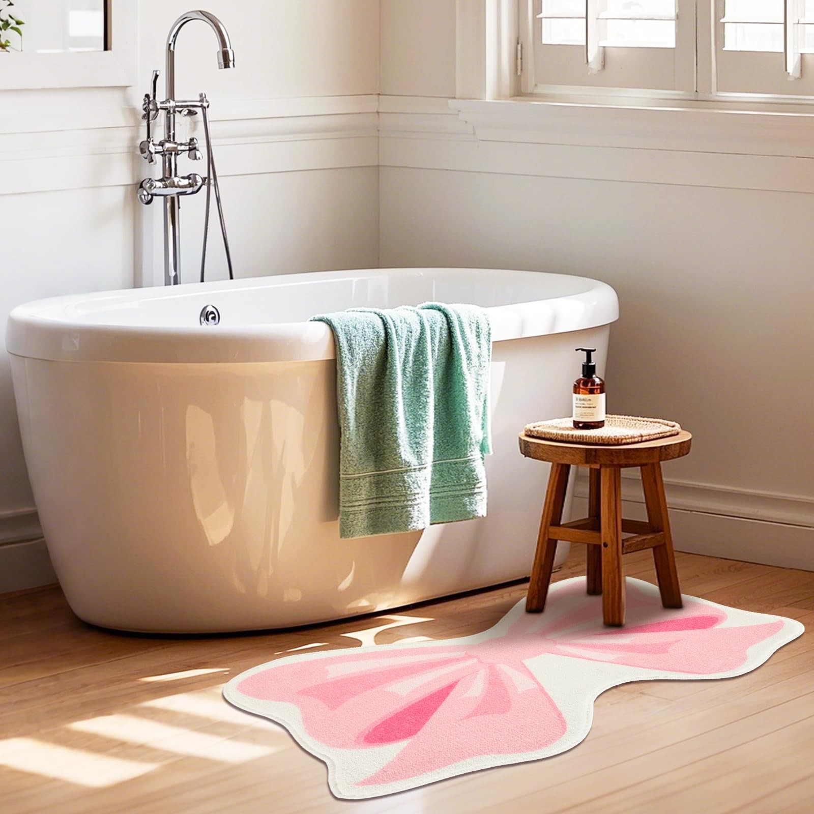Pink Bow Bathmat Rugs, Non Slip Coquette Bow Cute Aesthetic Carpet, Cute Room…