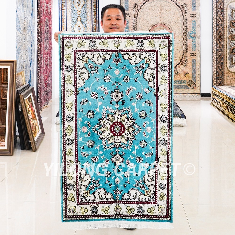 2.5x4ft Blue Hand-knotted Area Rug Home Decor Soft Handmade Silk Carpet LZL310C
