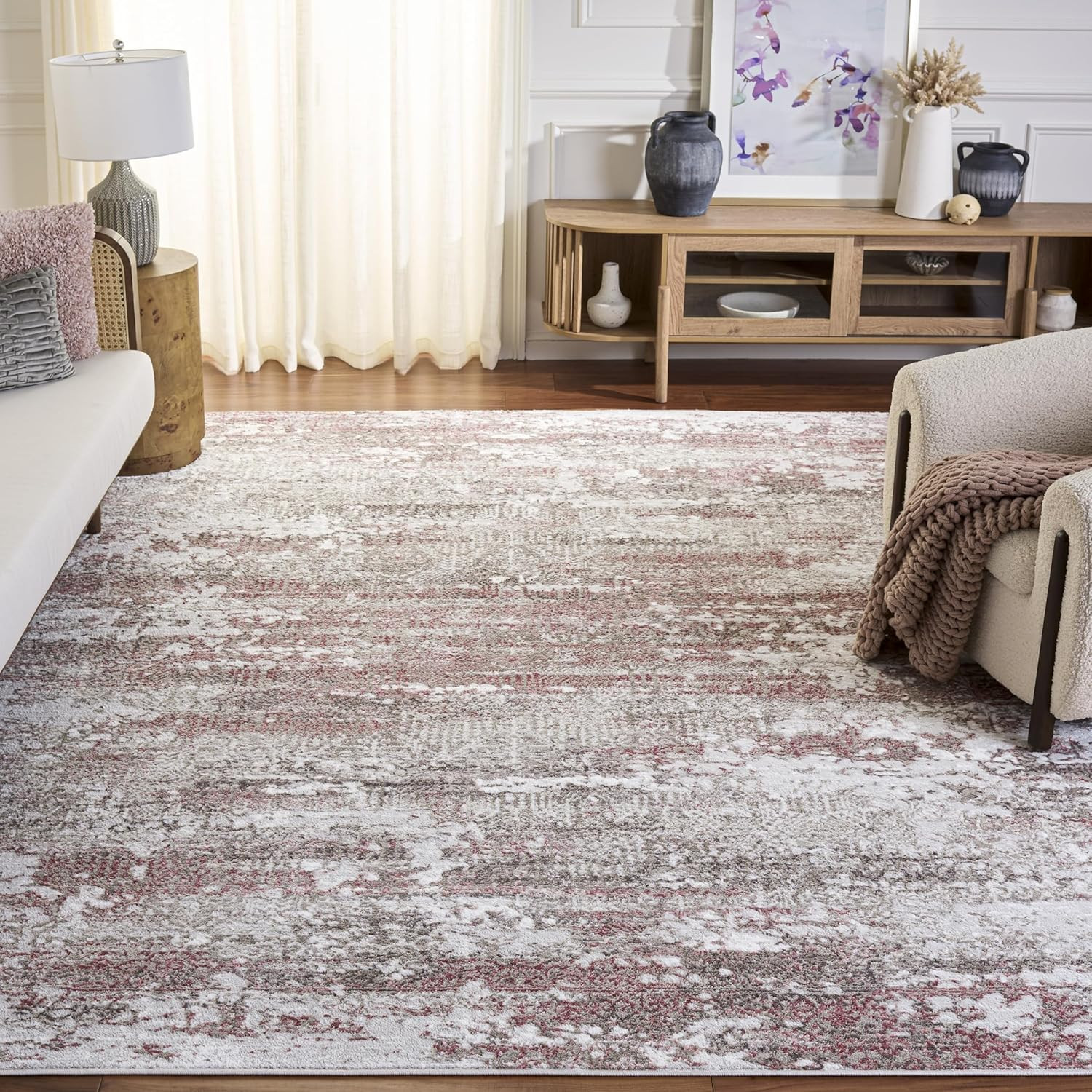 Meadow Collection 8×10 Area Rug – Beige & Pink Modern Abstract Design